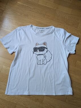 Karl Lagerfeld White Sequin Cat Tee with Black Sequin Sunglasses
